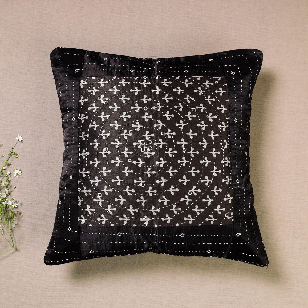 Black - Kutch Embroidered Ajrakh Mashru Silk Cushion Cover (16 x 16 in)