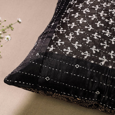 Black - Kutch Embroidered Ajrakh Mashru Silk Cushion Cover (16 x 16 in)