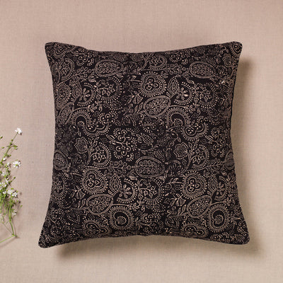 Black - Kutch Embroidered Ajrakh Mashru Silk Cushion Cover (16 x 16 in)