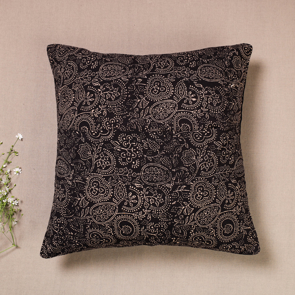 Black - Kutch Embroidered Ajrakh Mashru Silk Cushion Cover (16 x 16 in)
