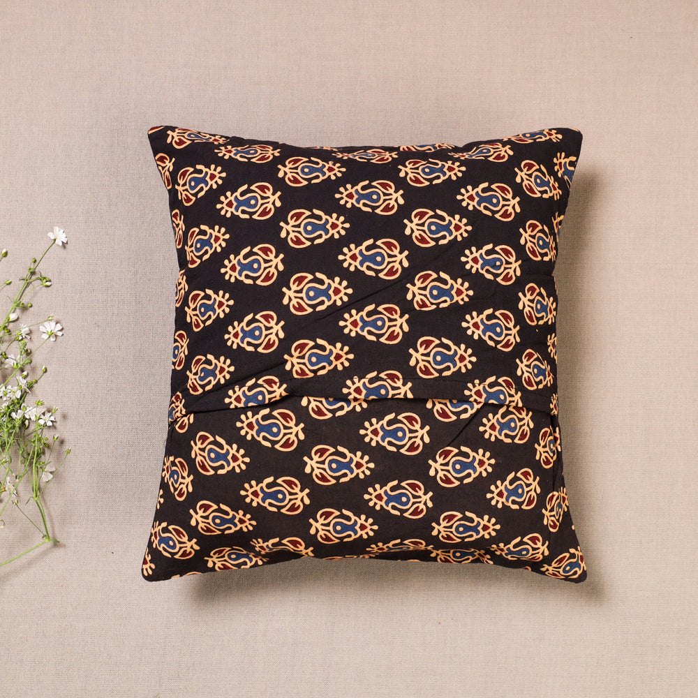Black - Kutch Embroidered Ajrakh Mashru Silk Cushion Cover (12 x 12 in)