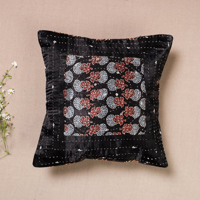 Black - Kutch Embroidered Ajrakh Mashru Silk Cushion Cover (12 x 12 in)