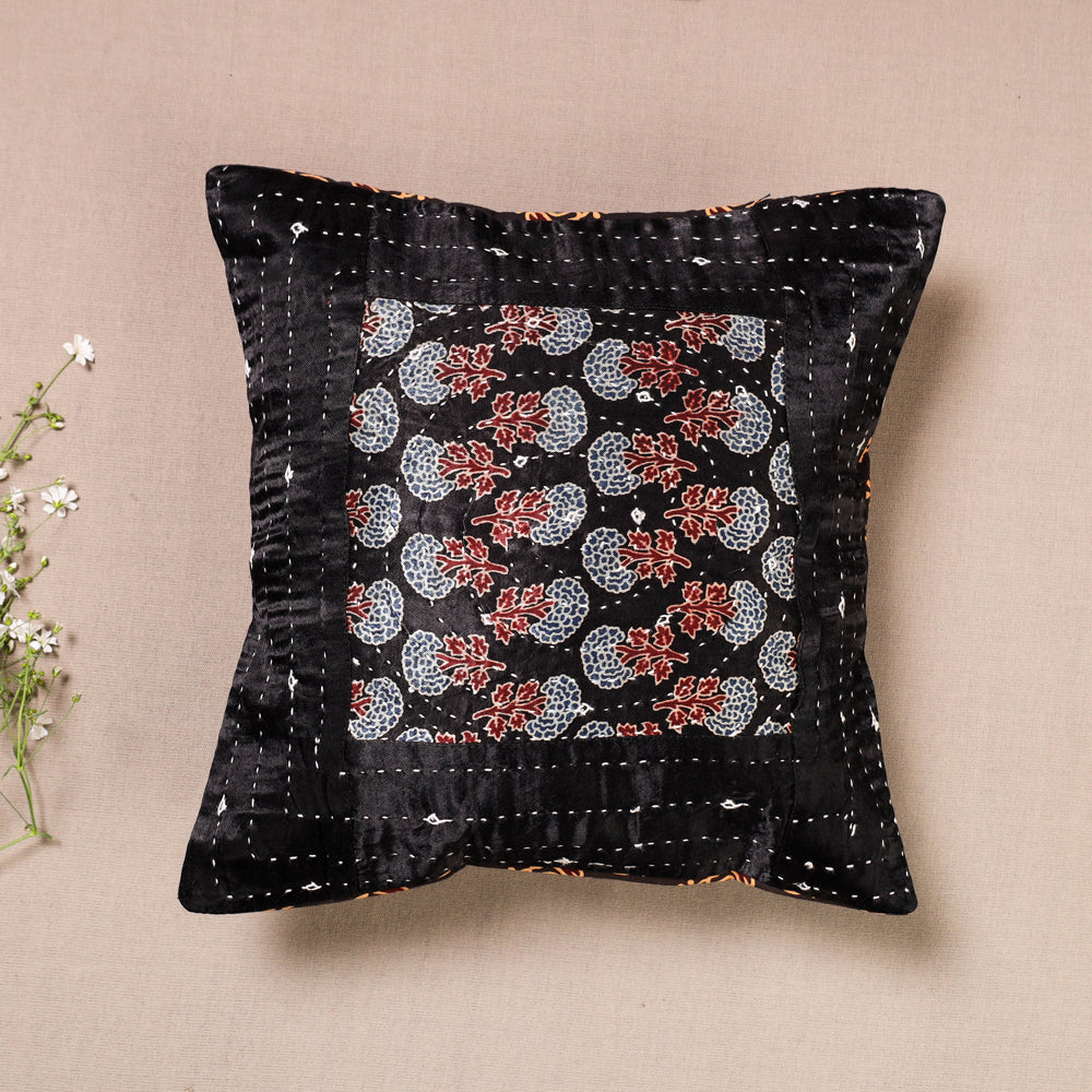 Black - Kutch Embroidered Ajrakh Mashru Silk Cushion Cover (12 x 12 in)