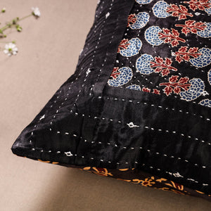 Black - Kutch Embroidered Ajrakh Mashru Silk Cushion Cover (12 x 12 in)