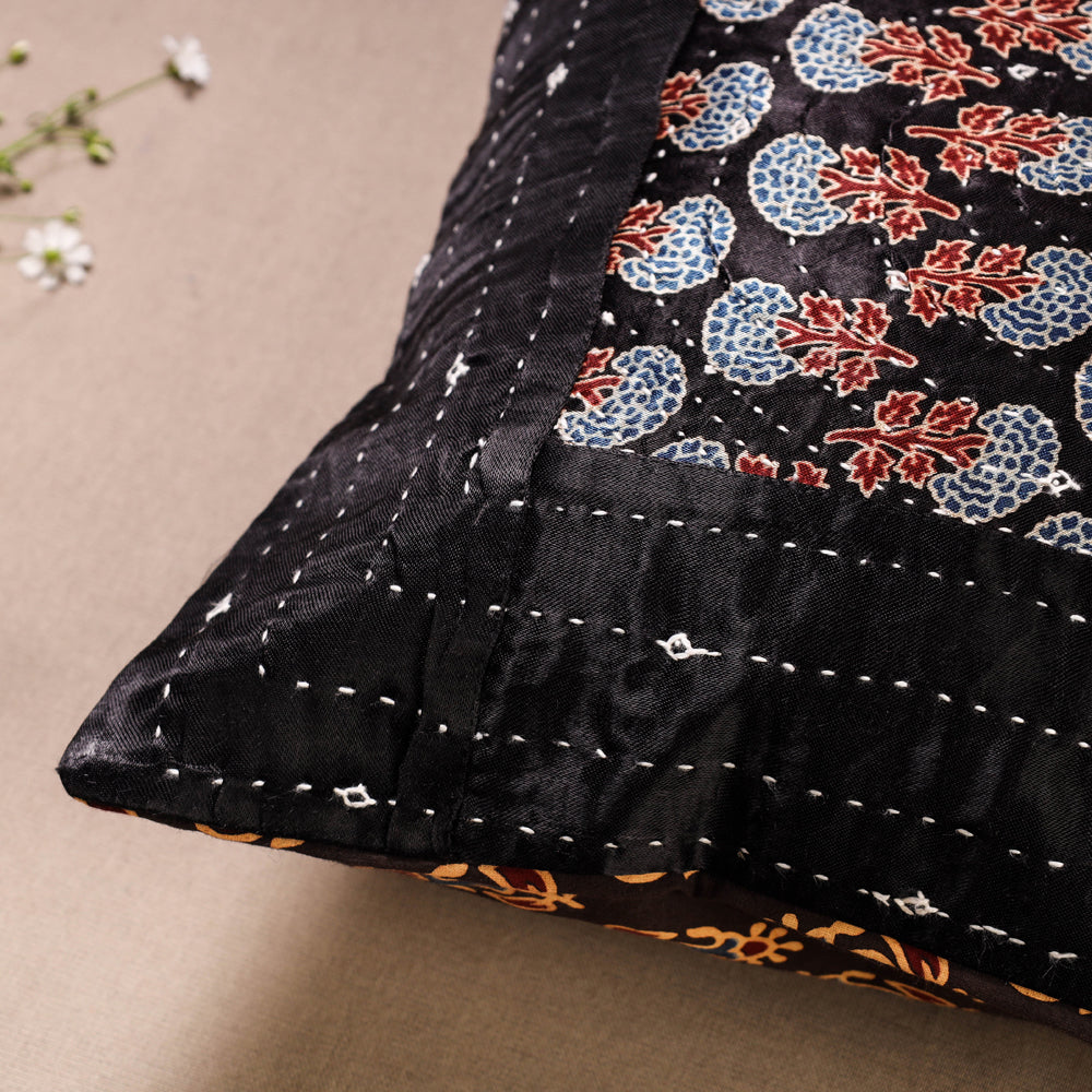 Black - Kutch Embroidered Ajrakh Mashru Silk Cushion Cover (12 x 12 in)