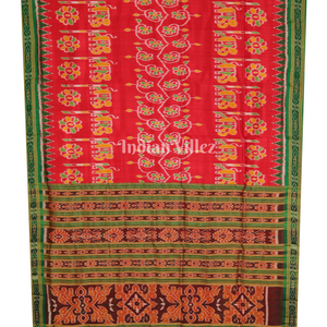 Red Elephant and Flower Design Odisha Ikat Khandua Silk Saree