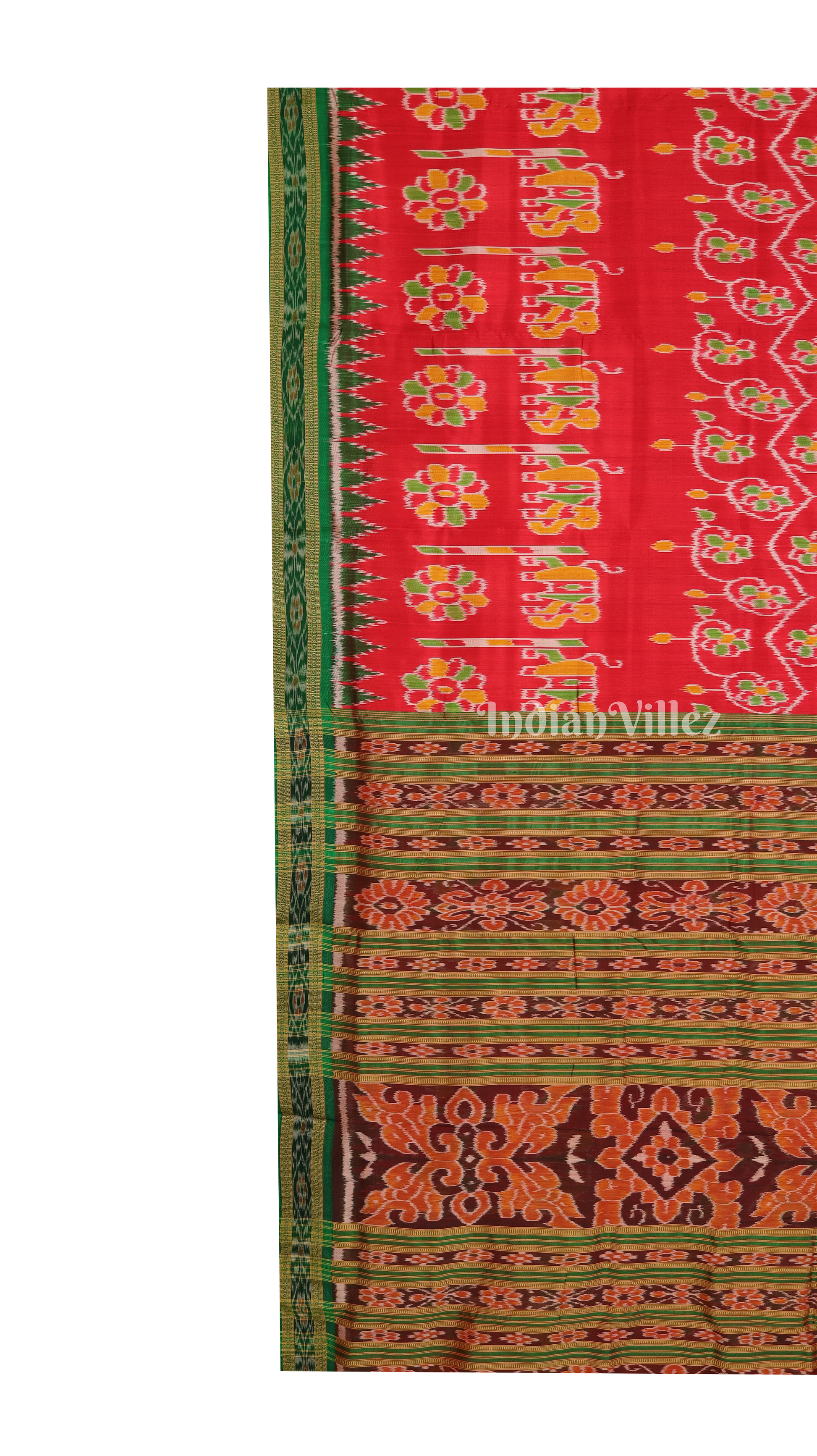 Red Elephant and Flower Design Odisha Ikat Khandua Silk Saree