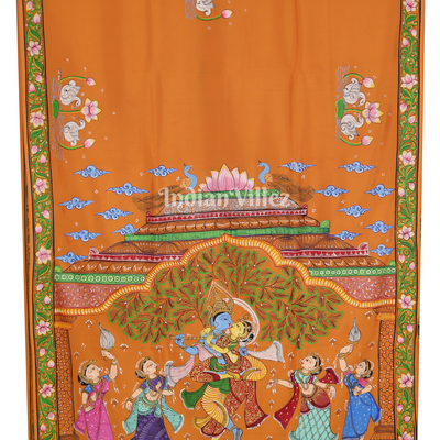 Neon Orange Radha Krishna Jugal Jodi Theme Hand-Painted Pattachitra Saree