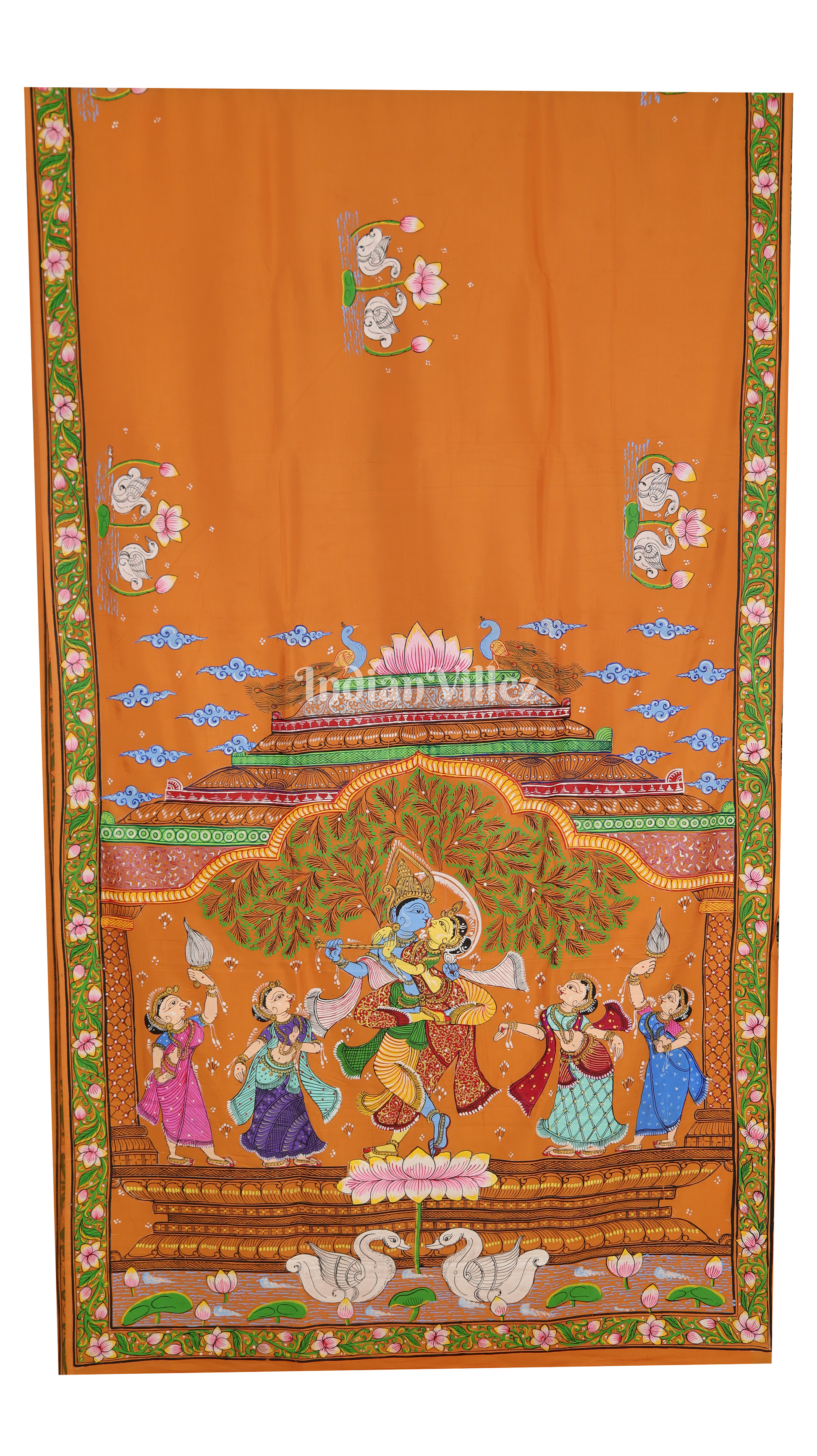 Neon Orange Radha Krishna Jugal Jodi Theme Hand-Painted Pattachitra Saree