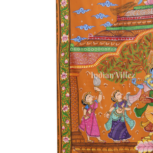 Neon Orange Radha Krishna Jugal Jodi Theme Hand-Painted Pattachitra Saree