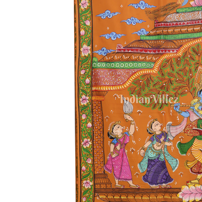 Neon Orange Radha Krishna Jugal Jodi Theme Hand-Painted Pattachitra Saree