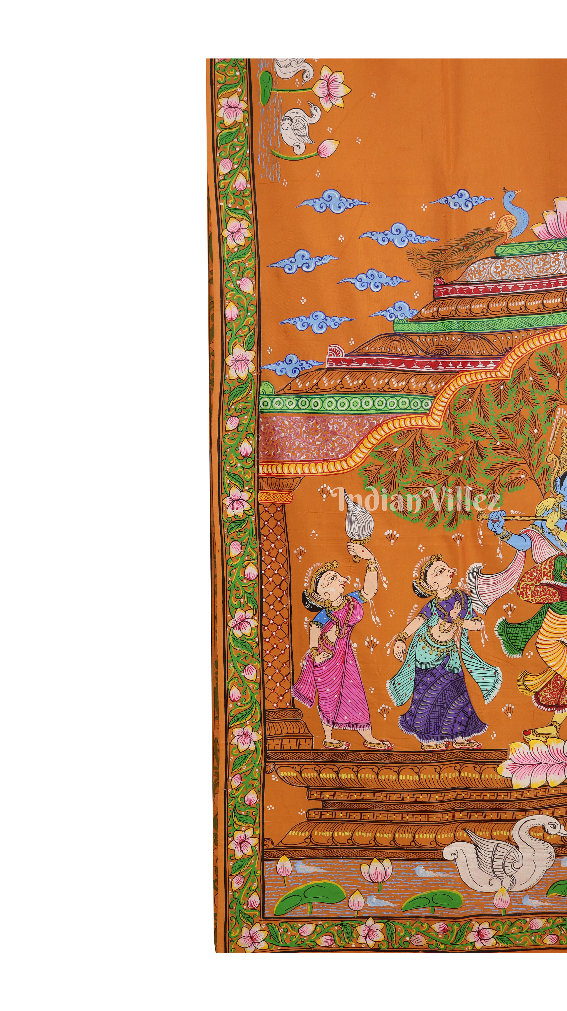 Neon Orange Radha Krishna Jugal Jodi Theme Hand-Painted Pattachitra Saree