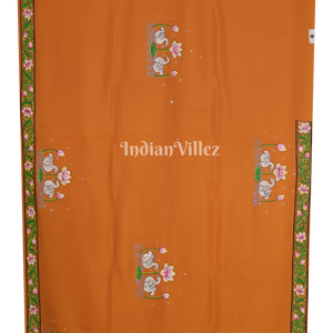 Neon Orange Radha Krishna Jugal Jodi Theme Hand-Painted Pattachitra Saree