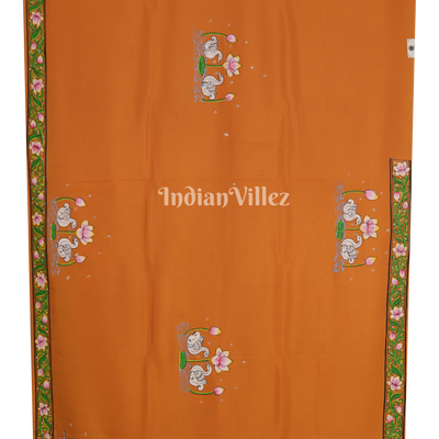 Neon Orange Radha Krishna Jugal Jodi Theme Hand-Painted Pattachitra Saree