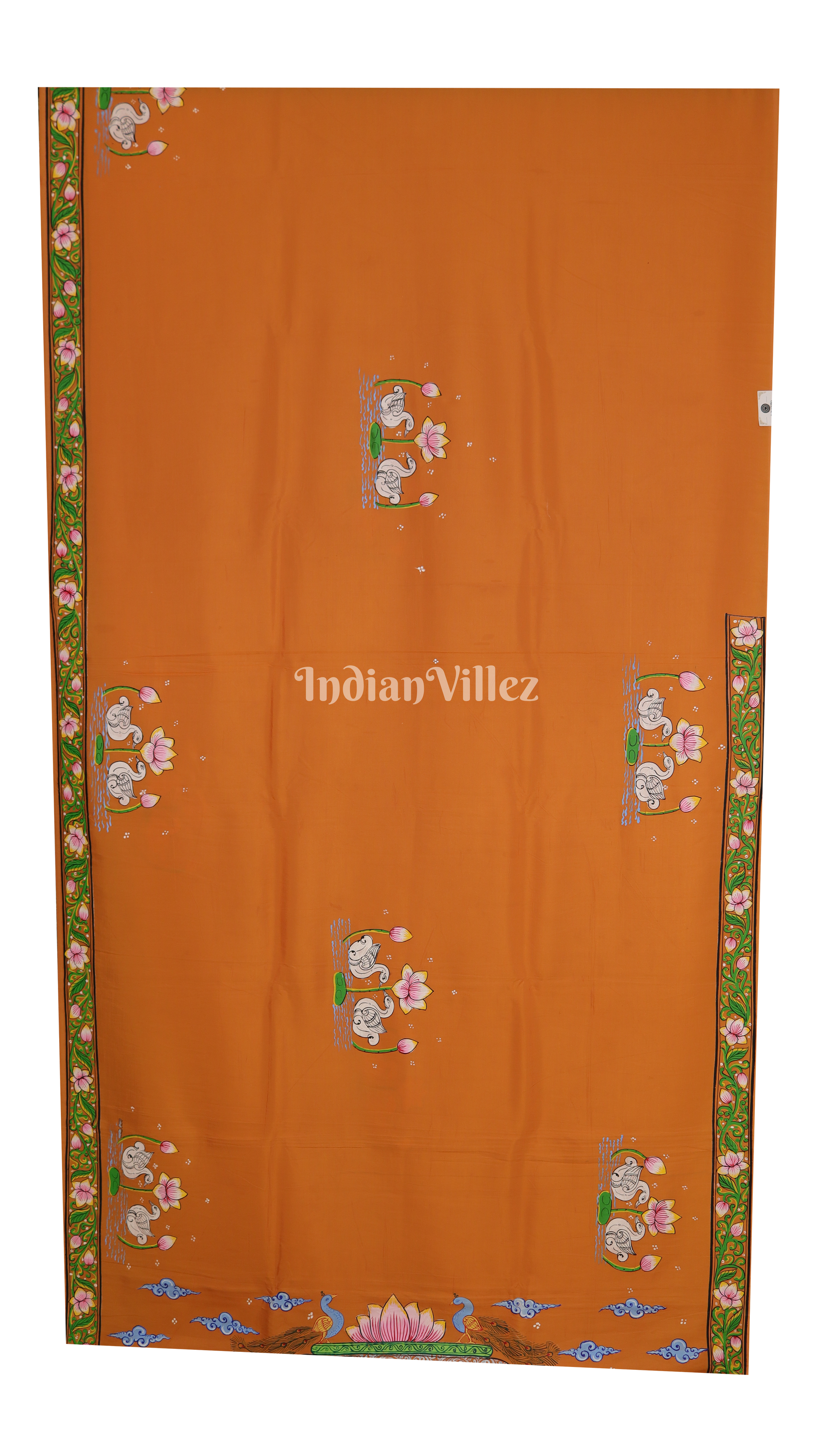 Neon Orange Radha Krishna Jugal Jodi Theme Hand-Painted Pattachitra Saree