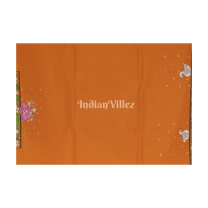 Neon Orange Radha Krishna Jugal Jodi Theme Hand-Painted Pattachitra Saree