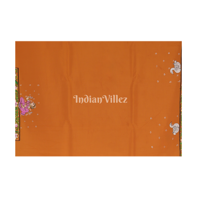 Neon Orange Radha Krishna Jugal Jodi Theme Hand-Painted Pattachitra Saree