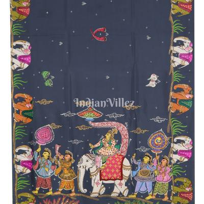 Gray Doli Barat Theme Hand-Painted Pattachitra Saree