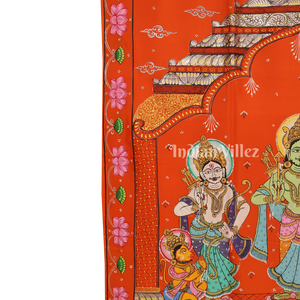 Orange Ramayana Theme Hand-Painted Pattachitra Saree