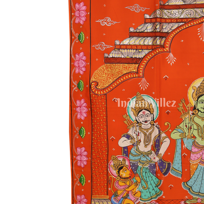 Orange Ramayana Theme Hand-Painted Pattachitra Saree