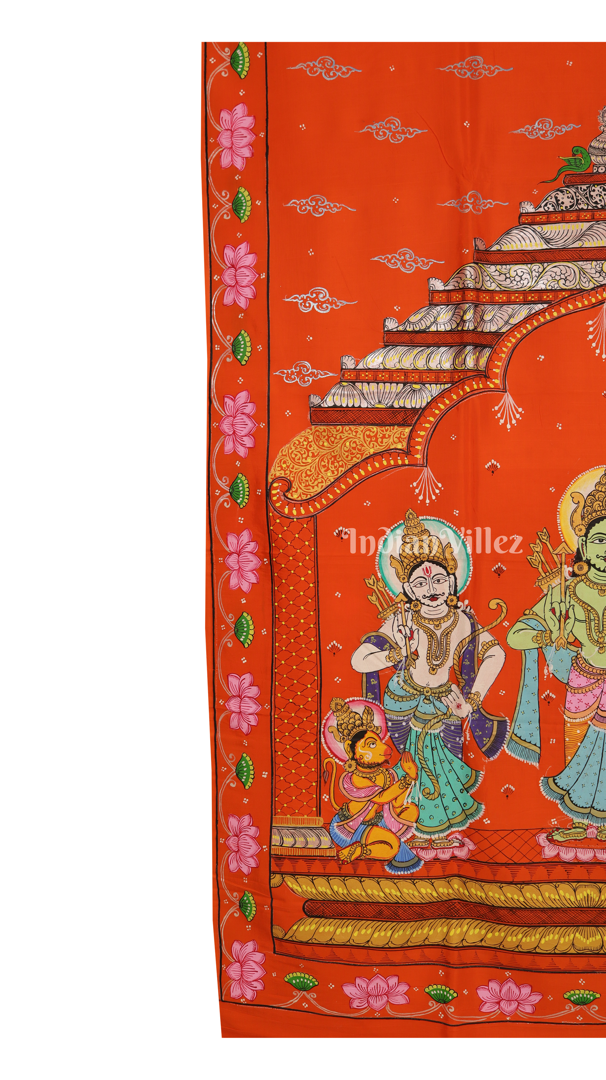 Orange Ramayana Theme Hand-Painted Pattachitra Saree
