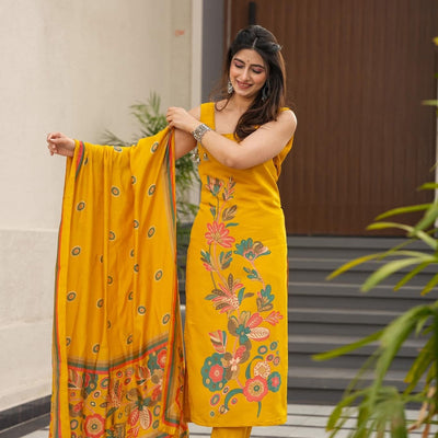 Paakhi yellow muslin suit set