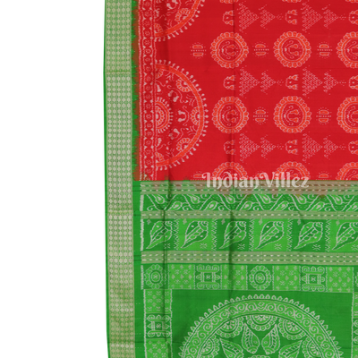 Red Green Laxmi Pada & Shankha Theme Sambalpuri Silk Saree