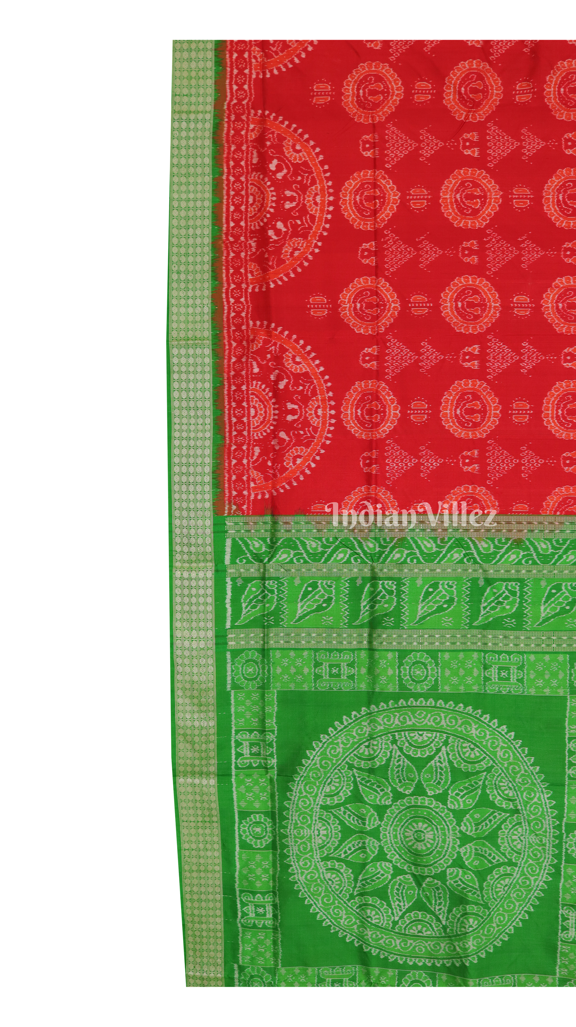 Red Green Laxmi Pada & Shankha Theme Sambalpuri Silk Saree