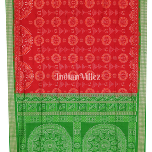 Red Green Laxmi Pada & Shankha Theme Sambalpuri Silk Saree