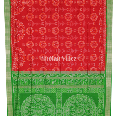 Red Green Laxmi Pada & Shankha Theme Sambalpuri Silk Saree
