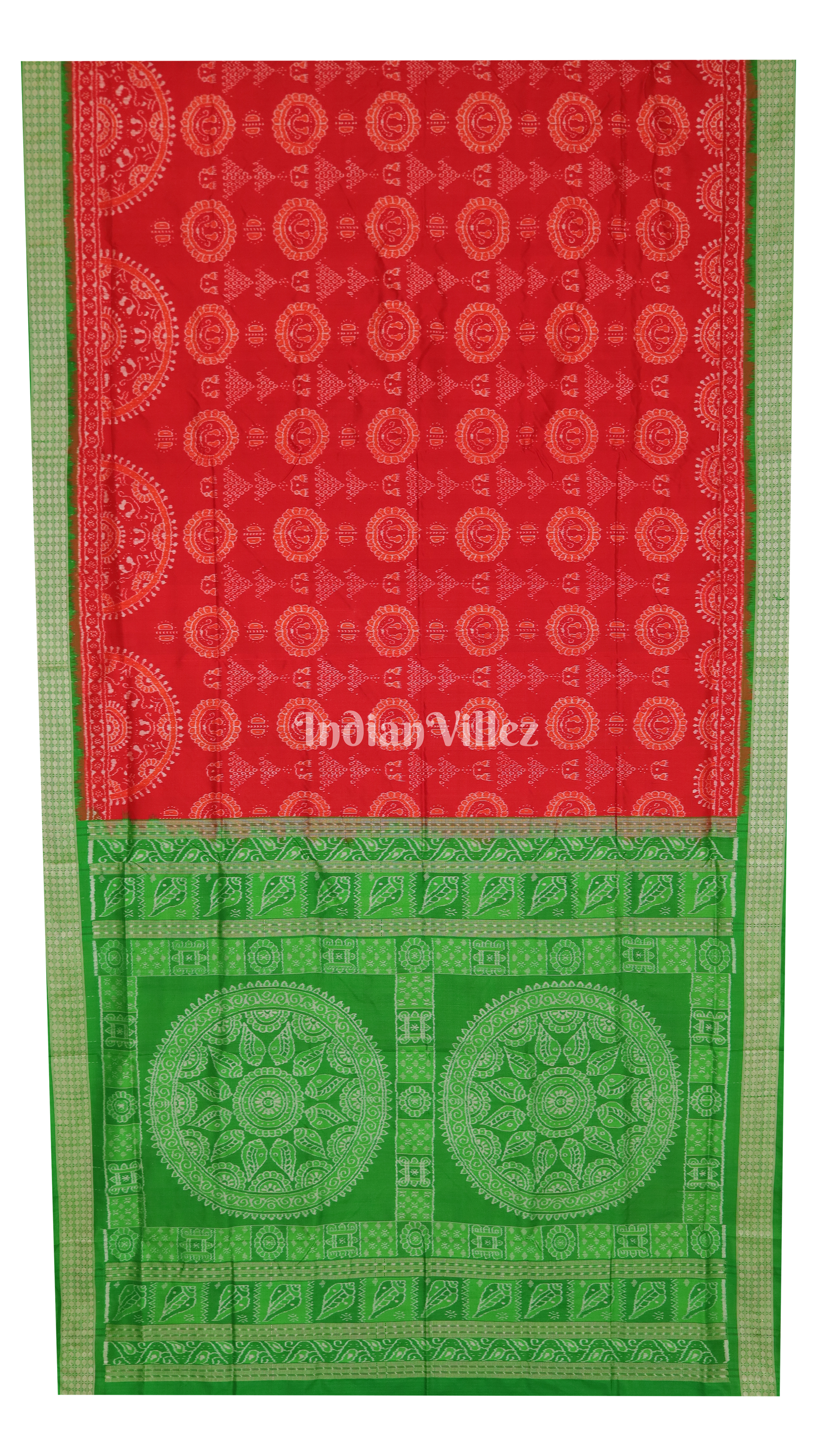 Red Green Laxmi Pada & Shankha Theme Sambalpuri Silk Saree