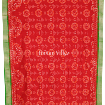 Red Green Laxmi Pada & Shankha Theme Sambalpuri Silk Saree