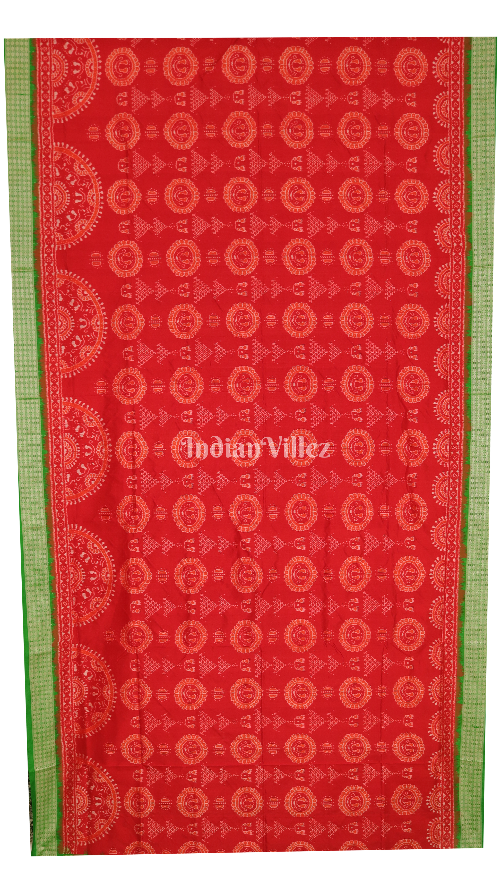 Red Green Laxmi Pada & Shankha Theme Sambalpuri Silk Saree