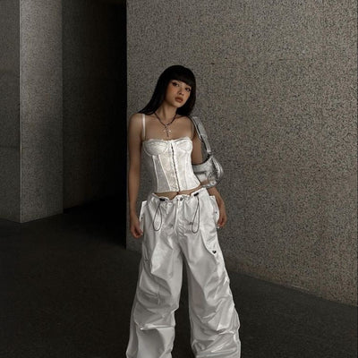 White Lace Corset Top & White Parachute Pants