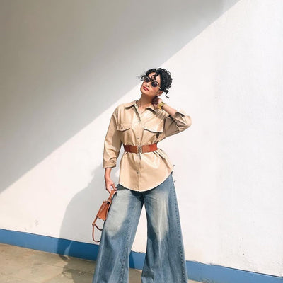 Beige Oversized Faux-Leather Jacket