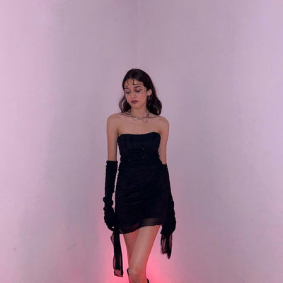 Black Off shoulder Rhinestone Mesh Dress