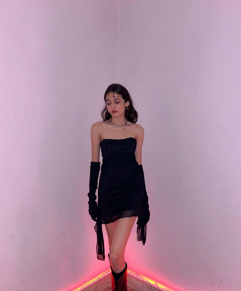 Black Off shoulder Rhinestone Mesh Dress