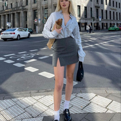 Grey Pinstripe fitted mini skirt