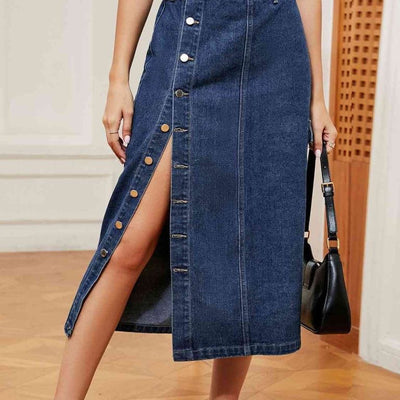 Denim Front Open Midi Skirt