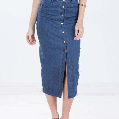 Dark Denim Front Open Midi Skirt