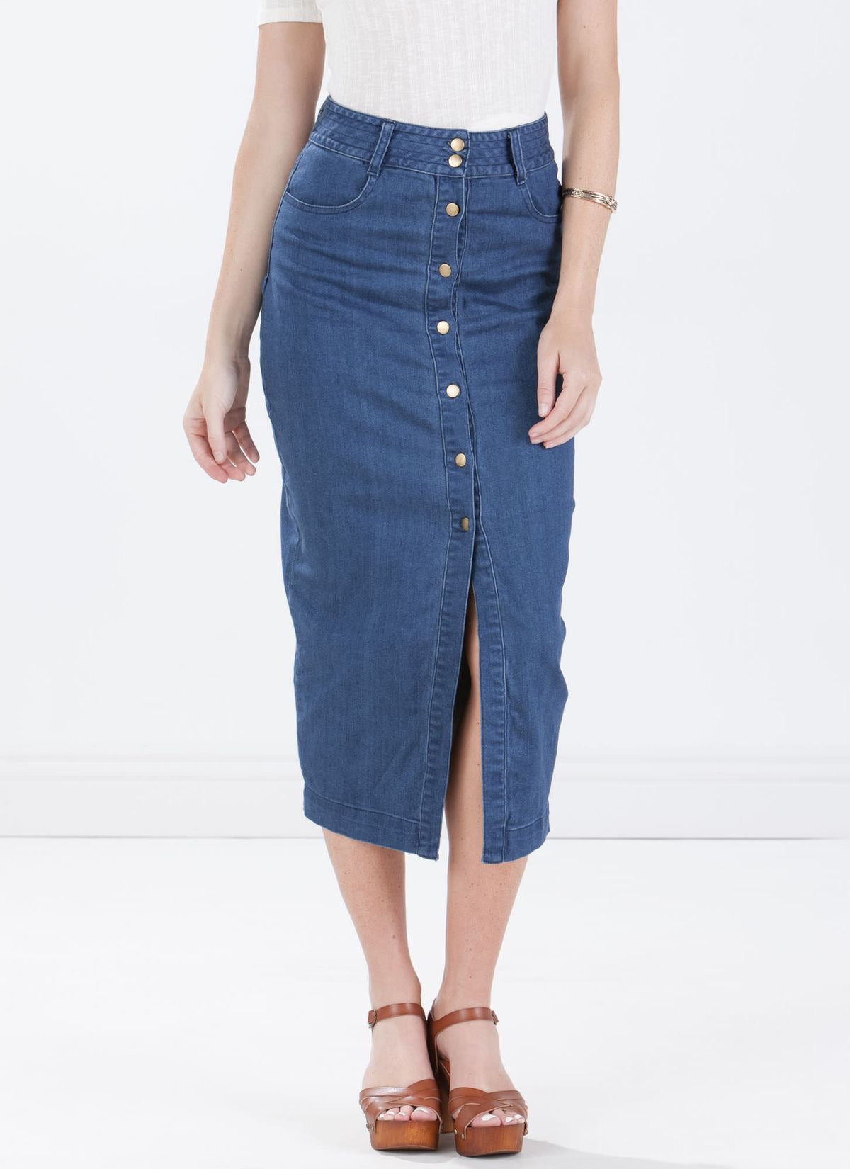 Dark Denim Front Open Midi Skirt