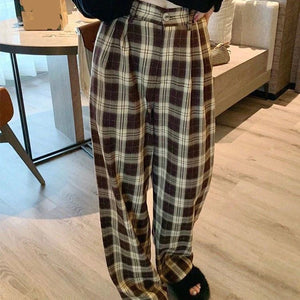 Brown Checkered Wide Leg Pants