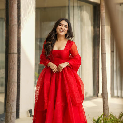 Velvet red organza suit set