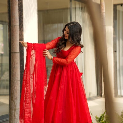 Velvet red organza suit set
