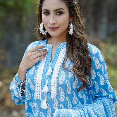 Blue Cotton Straight Kurta Pant With Dupatta VKSKD1628