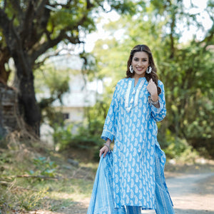 Blue Cotton Straight Kurta Pant With Dupatta VKSKD1628
