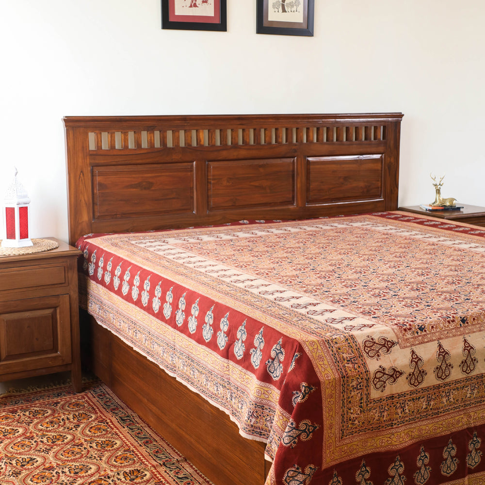 Beige - Pedana Kalamkari Block Printed Cotton Double Bedcover (107 x 88 in)