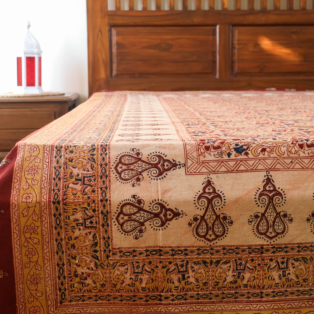 Beige - Pedana Kalamkari Block Printed Cotton Double Bedcover (107 x 88 in)