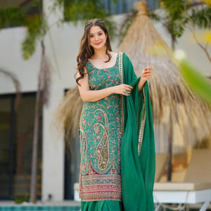 Samara green heavy embroidered suit