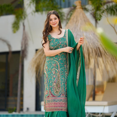 Samara green heavy embroidered suit